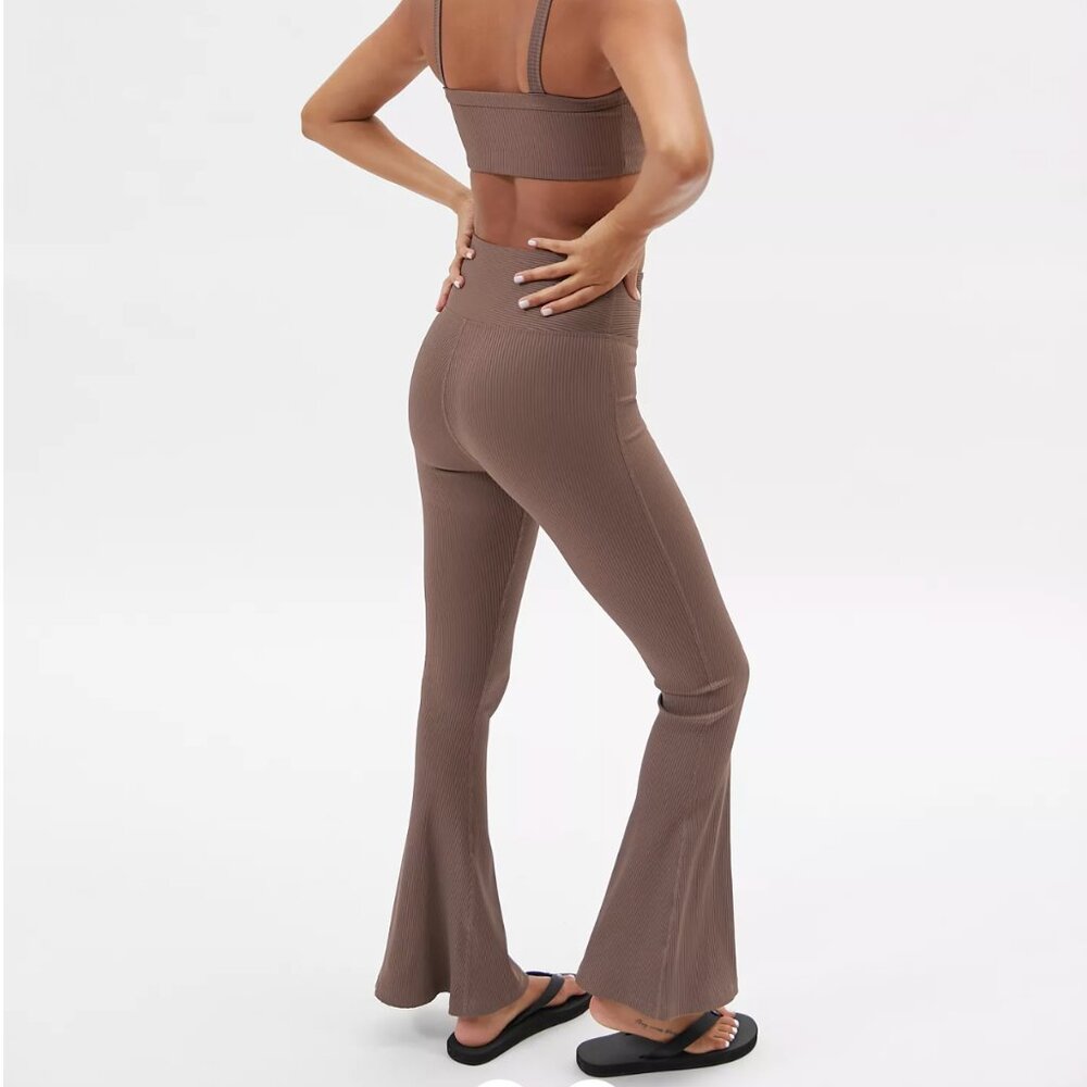 Flare Legging Red Ribbed Compression Flared Bellbottom Pants - Picture 3 of 7